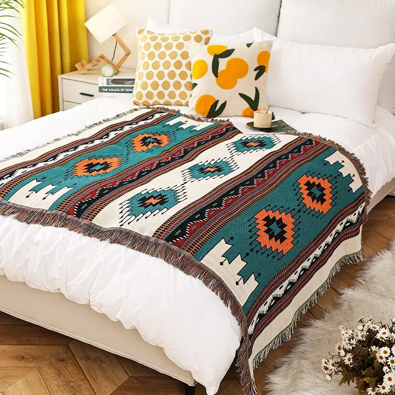Bohemian orange geometric woven throw blanket bedroom decor