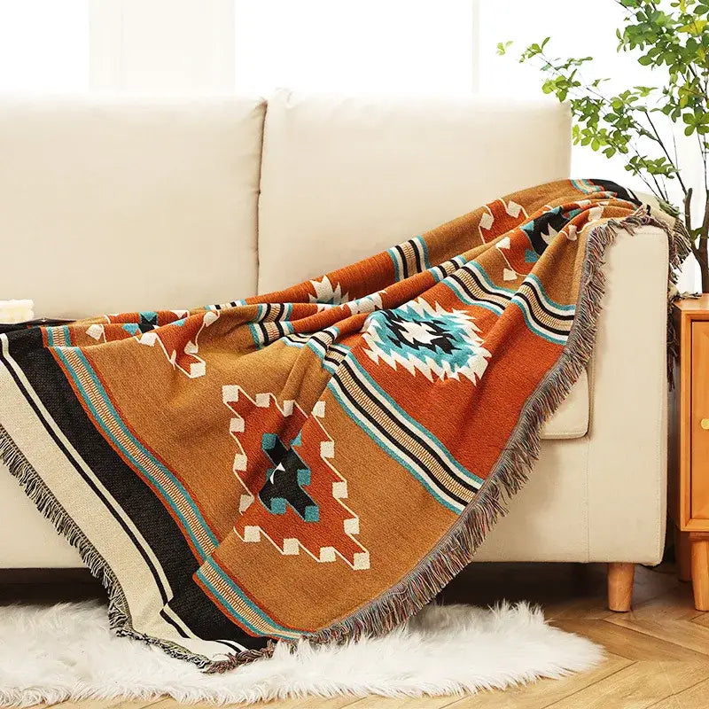 Bohemian orange geometric woven throw blanket bedroom decor