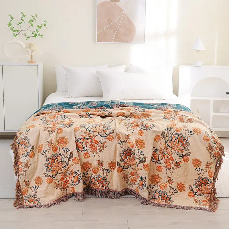 Bohemian orange & green floral sofa blanket living room throw