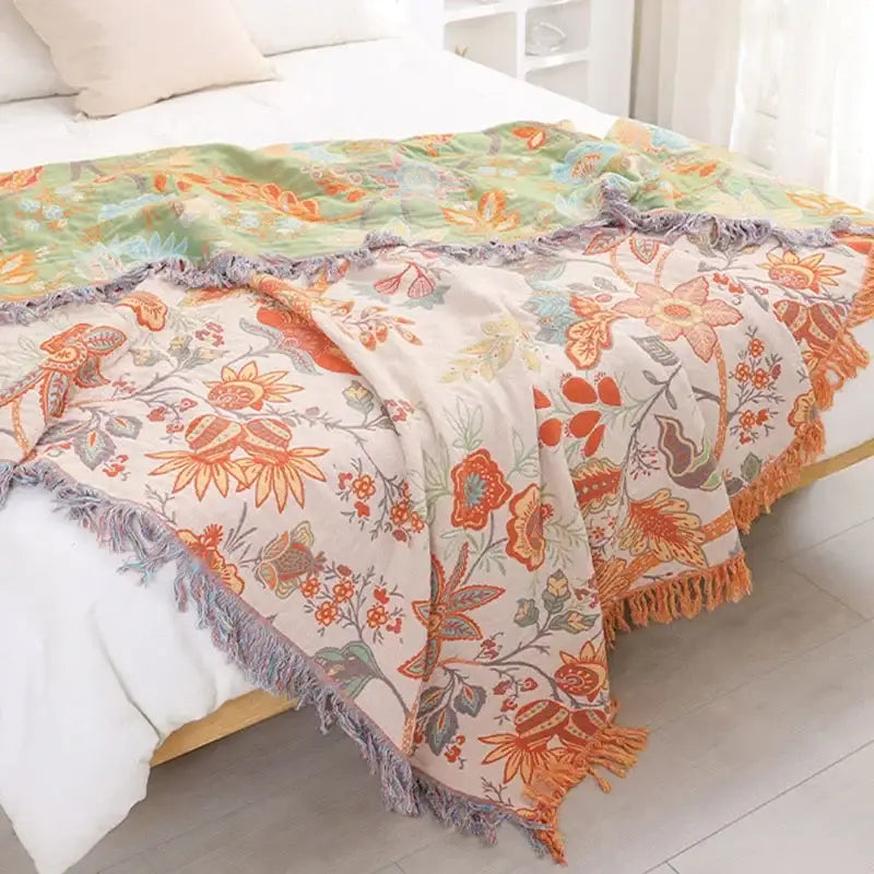 Bohemian orange & green floral sofa blanket living room throw