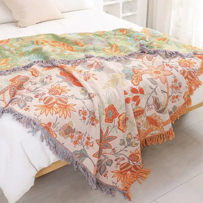 Bohemian orange & green floral sofa blanket living room throw
