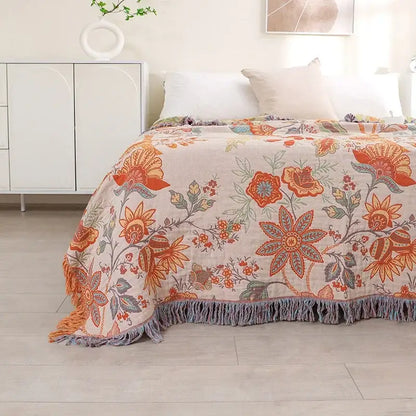 Bohemian orange & green floral sofa blanket living room throw