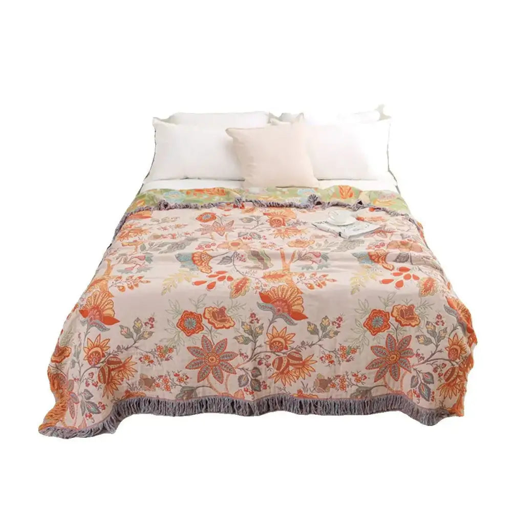 Bohemian orange & green floral sofa blanket living room throw