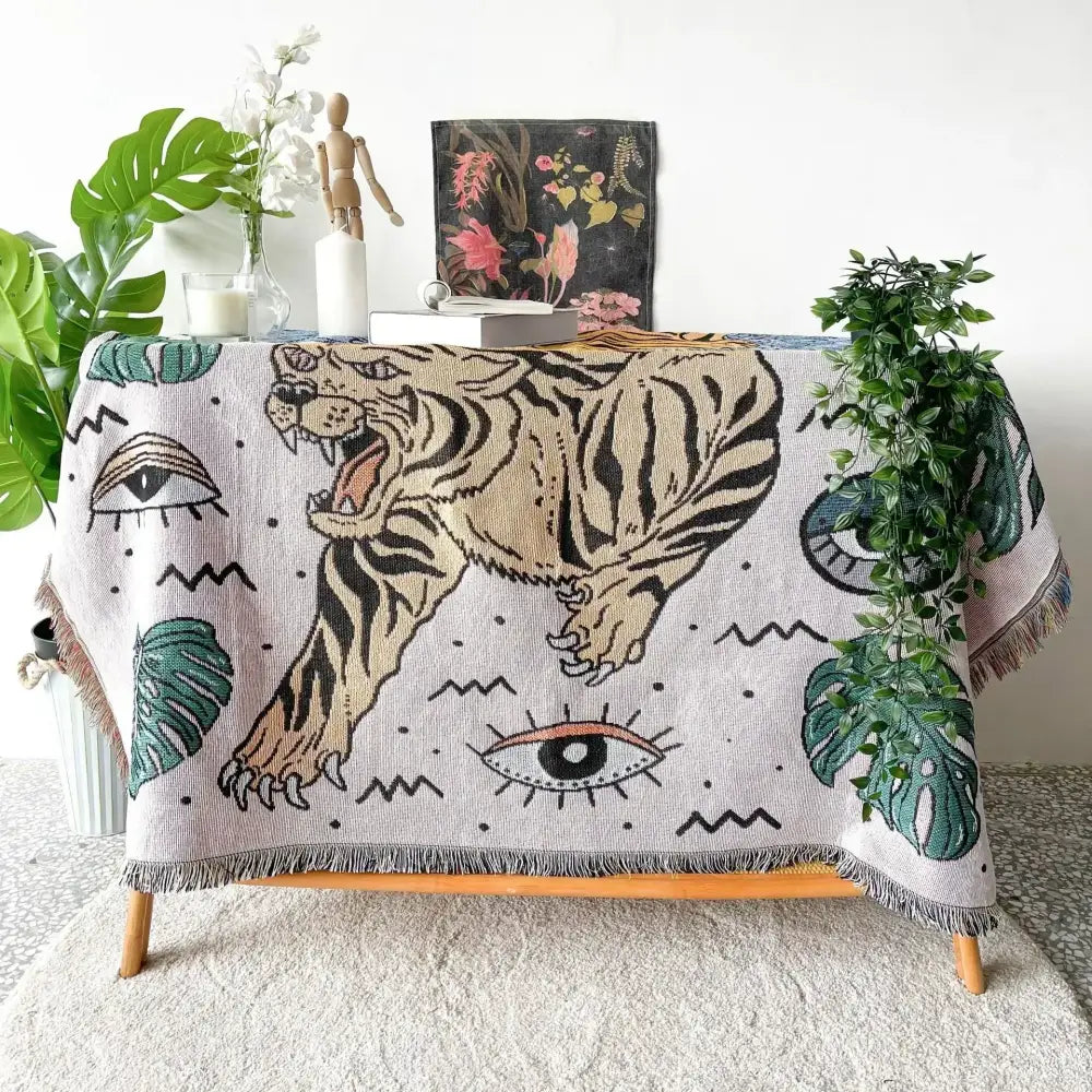 Bohemian outdoor blanket gray tiger tapestry rug living room throw
