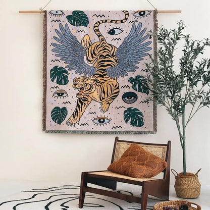 Bohemian outdoor blanket gray tiger tapestry rug living room throw