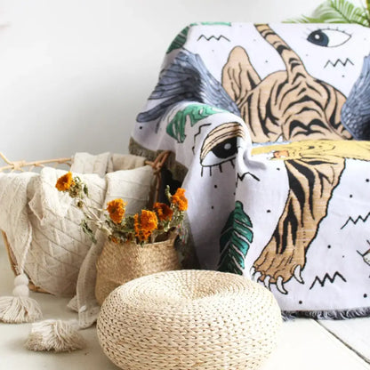Bohemian outdoor blanket gray tiger tapestry rug living room throw