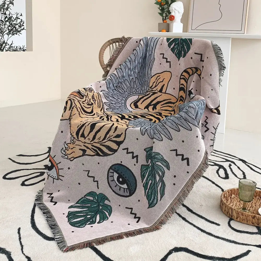 Bohemian outdoor blanket gray tiger tapestry rug living room throw