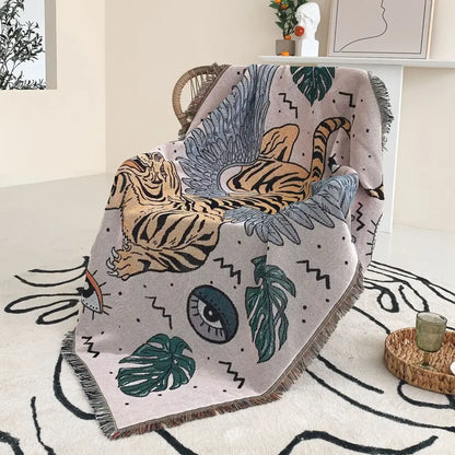 Bohemian outdoor blanket gray tiger tapestry rug living room throw