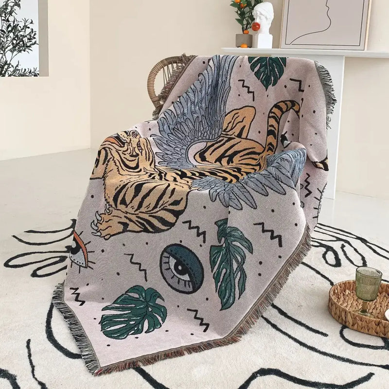 Bohemian outdoor blanket gray tiger tapestry rug living room throw