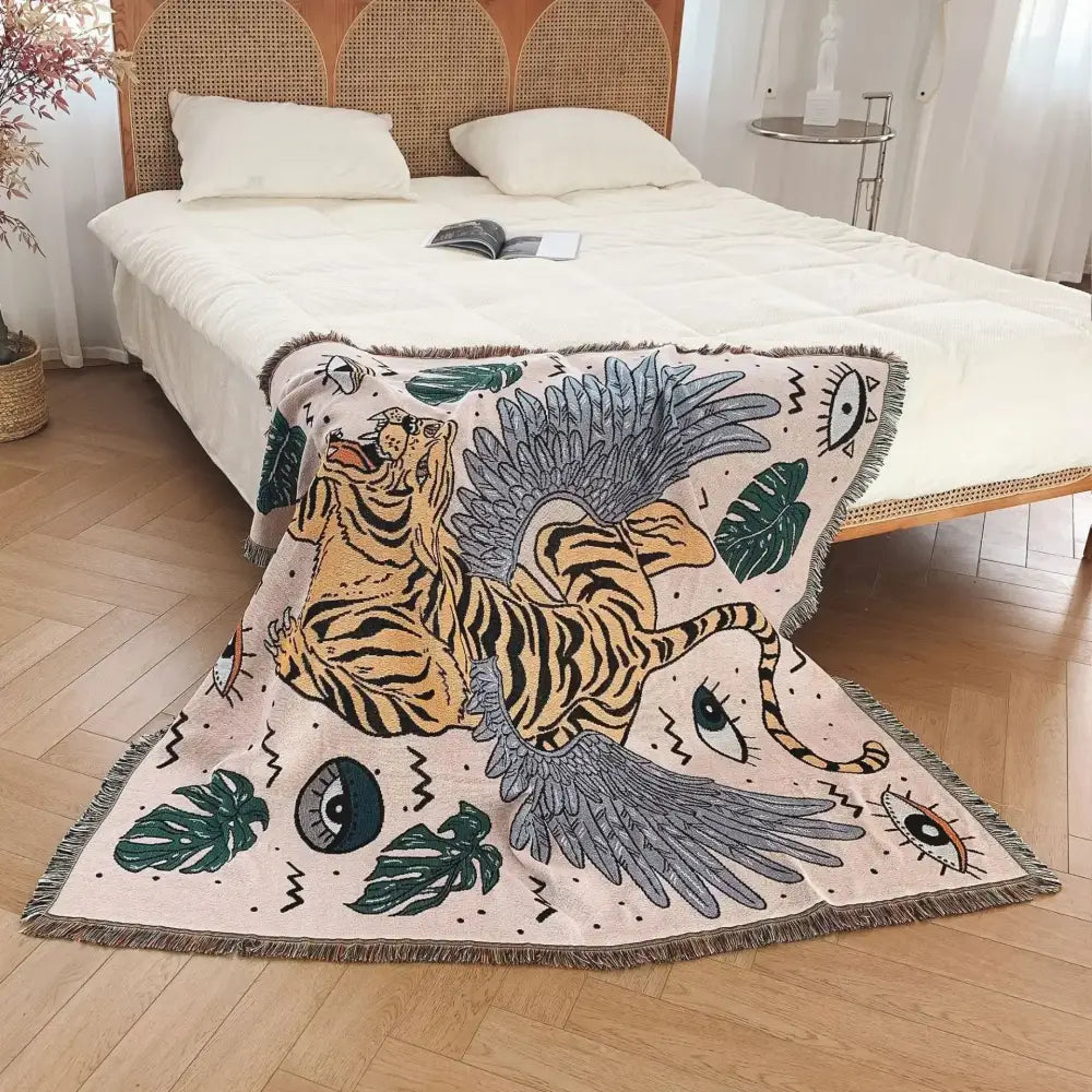 Bohemian outdoor blanket gray tiger tapestry rug living room throw