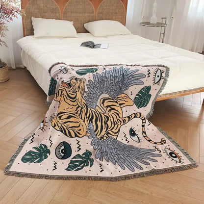 Bohemian outdoor blanket gray tiger tapestry rug living room throw