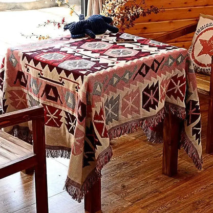Bohemian pink & red knitted cotton throw blanket bedroom decor