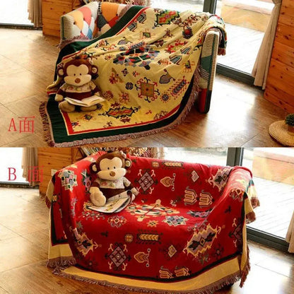 Bohemian pink & red knitted cotton throw blanket bedroom decor