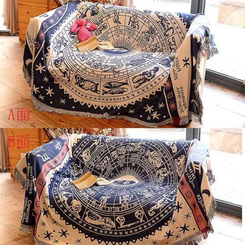 Bohemian pink & red knitted cotton throw blanket bedroom decor
