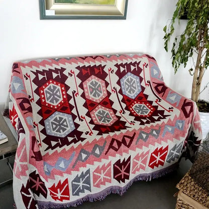 Bohemian pink & red knitted cotton throw blanket bedroom decor