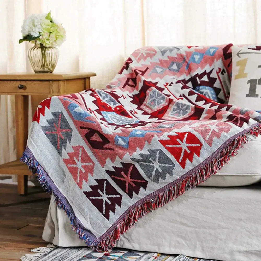Bohemian pink & red knitted cotton throw blanket bedroom decor