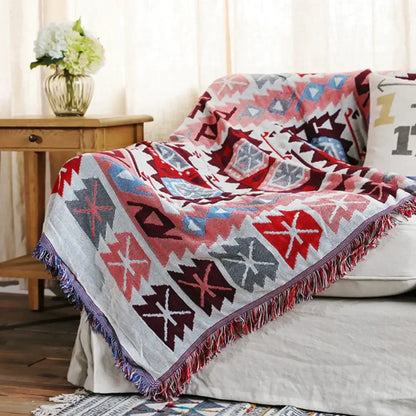 Bohemian pink & red knitted cotton throw blanket bedroom decor