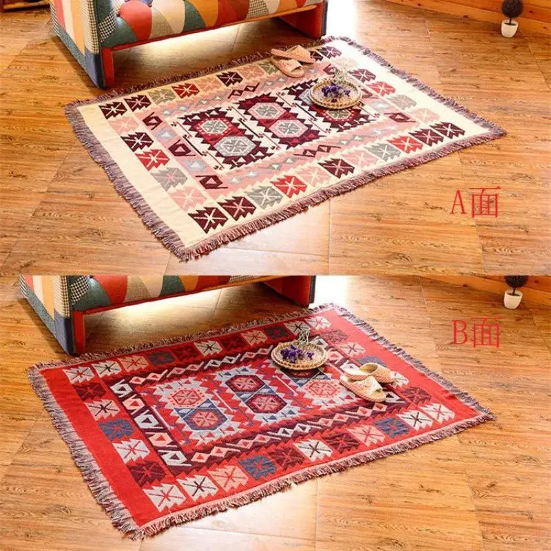 Bohemian pink & red knitted cotton throw blanket bedroom decor