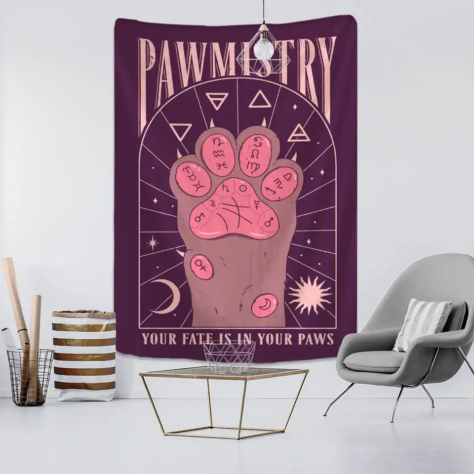Bohemian purple cat paws tapestry – bedroom astrology wall decor