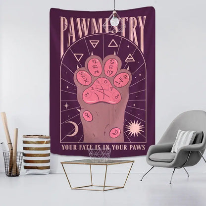 Bohemian purple cat paws tapestry – bedroom astrology wall decor