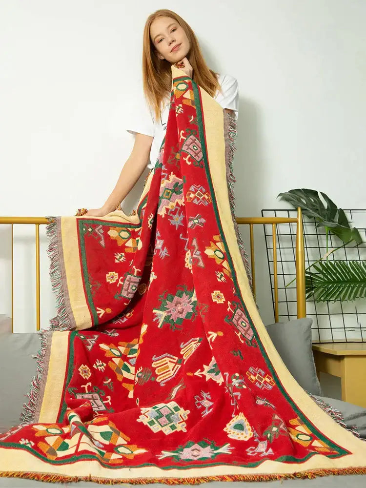 Bohemian red cotton thread knitted throw blanket for living room