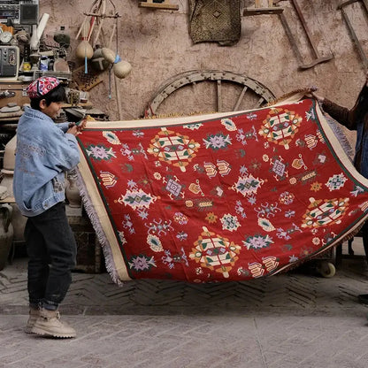 Bohemian red cotton thread knitted throw blanket for living room