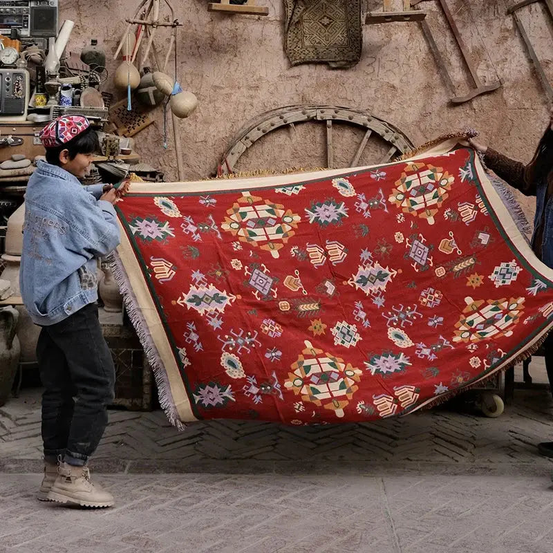 Bohemian red cotton thread knitted throw blanket for living room
