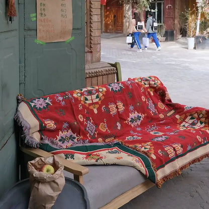 Bohemian red cotton thread knitted throw blanket for living room