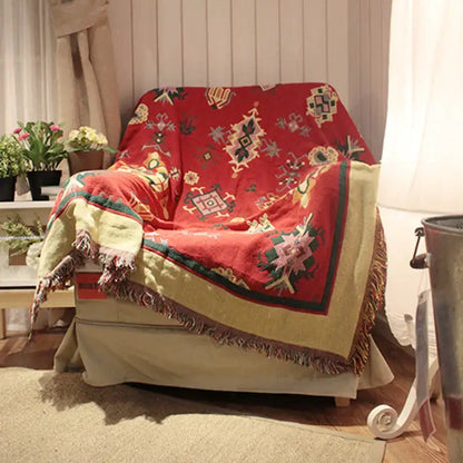 Bohemian red cotton thread knitted throw blanket for living room