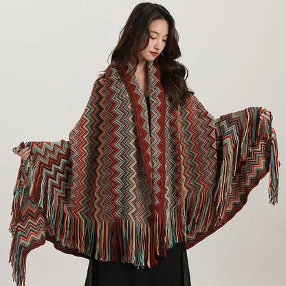 Bohemian red & teal zigzag wavy fringe shawl living room blanket