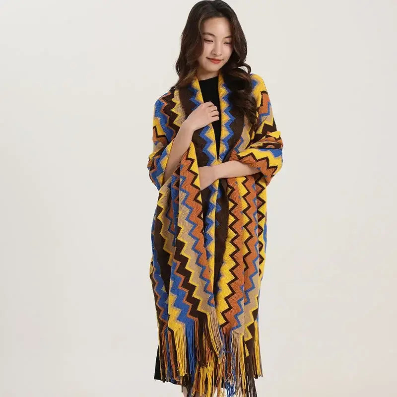 Bohemian red & teal zigzag wavy fringe shawl living room blanket