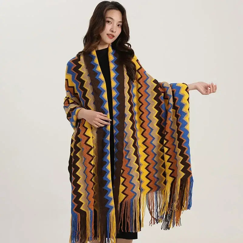 Bohemian red & teal zigzag wavy fringe shawl living room blanket