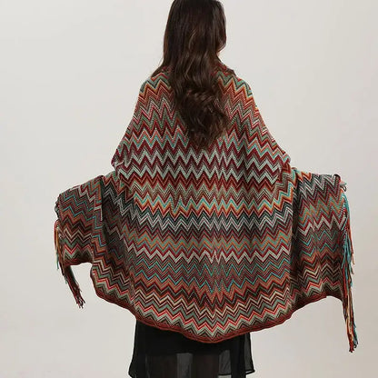 Bohemian red & teal zigzag wavy fringe shawl living room blanket