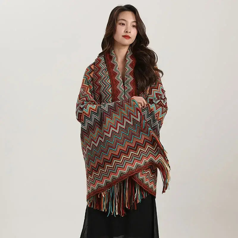 Bohemian red & teal zigzag wavy fringe shawl living room blanket