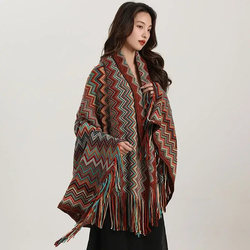 Bohemian red & teal zigzag wavy fringe shawl living room blanket