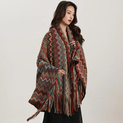 Bohemian red & teal zigzag wavy fringe shawl living room blanket