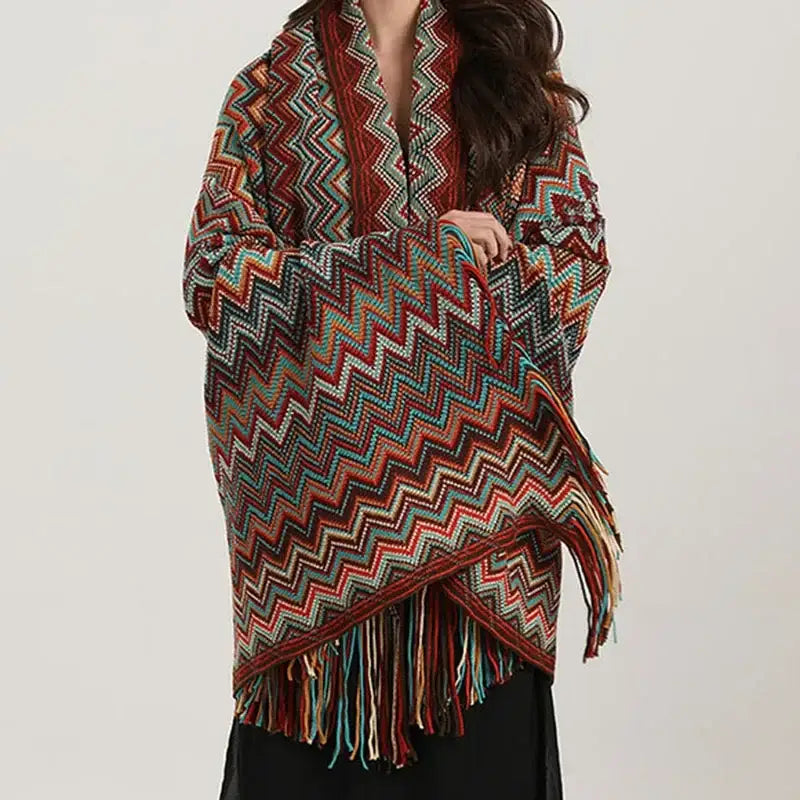 Bohemian red & teal zigzag wavy fringe shawl living room blanket