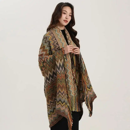 Bohemian red & teal zigzag wavy fringe shawl living room blanket