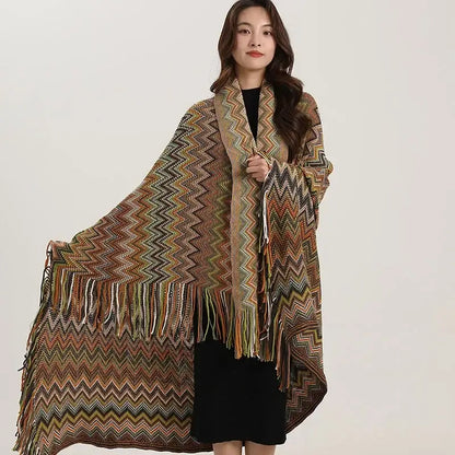 Bohemian red & teal zigzag wavy fringe shawl living room blanket