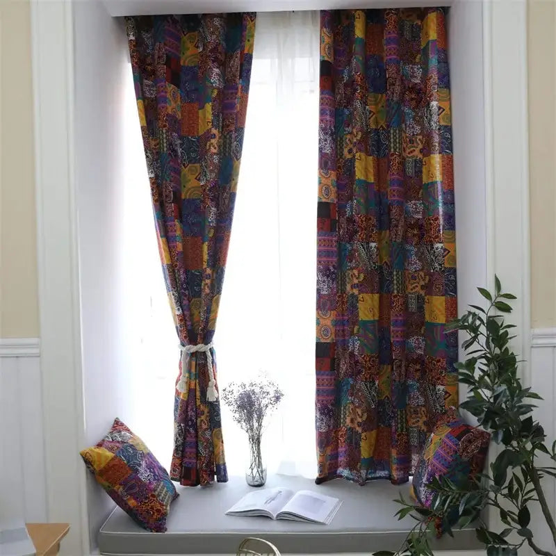Bohemian retro purple & yellow cotton linen curtains living room