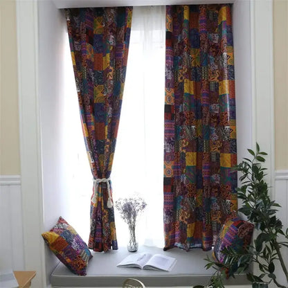 Bohemian retro purple & yellow cotton linen curtains living room