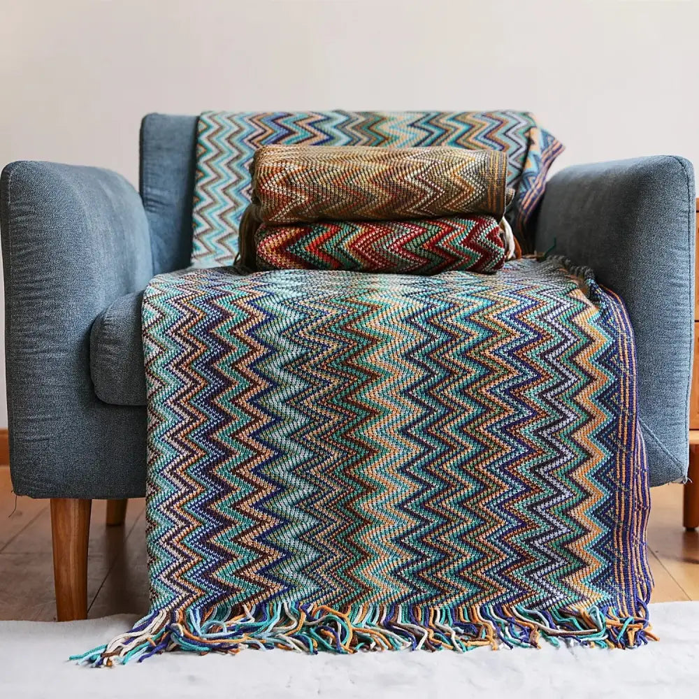 Bohemian stripe throw blanket – living room multicolored knit fringed