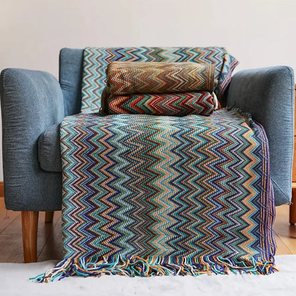 Bohemian stripe throw blanket – living room multicolored knit fringed