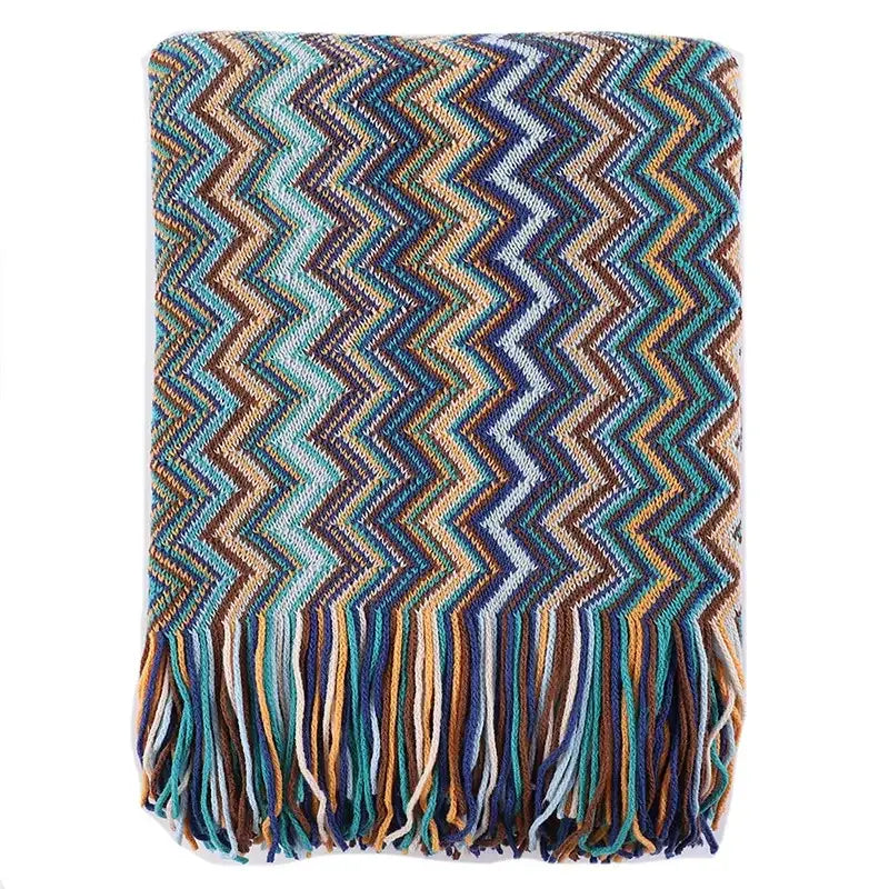 Bohemian stripe throw blanket – living room multicolored knit fringed