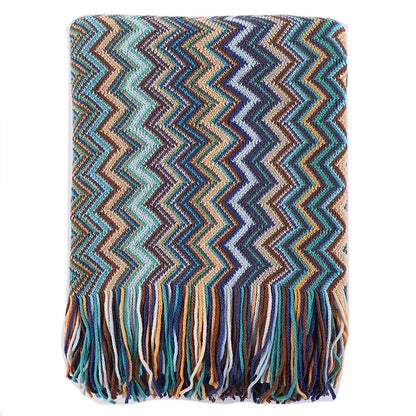 Bohemian stripe throw blanket – living room multicolored knit fringed
