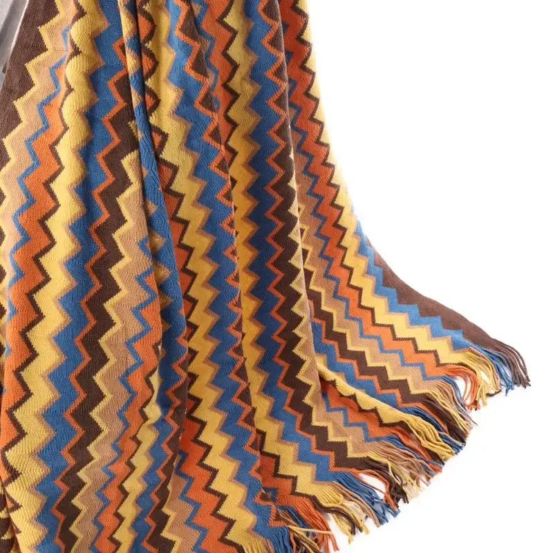 Bohemian stripe throw blanket – living room multicolored knit fringed