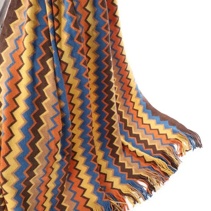 Bohemian stripe throw blanket – living room multicolored knit fringed