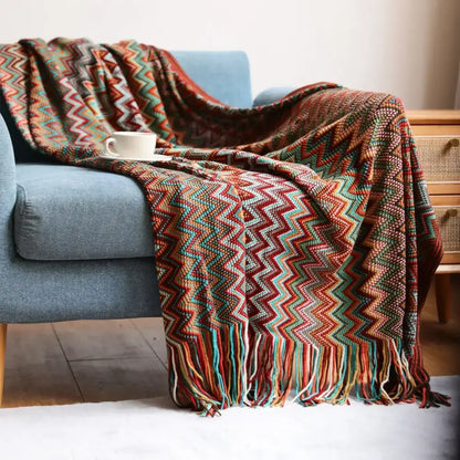 Bohemian stripe throw blanket – living room multicolored knit fringed