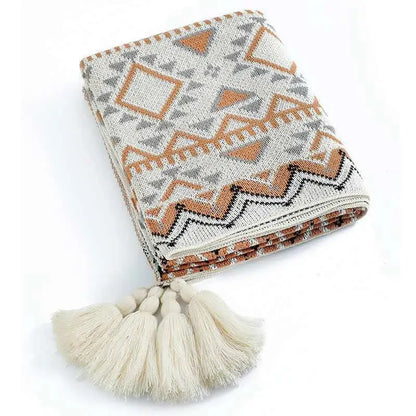 Bohemian striped knit throw blanket beige & brown living room decor