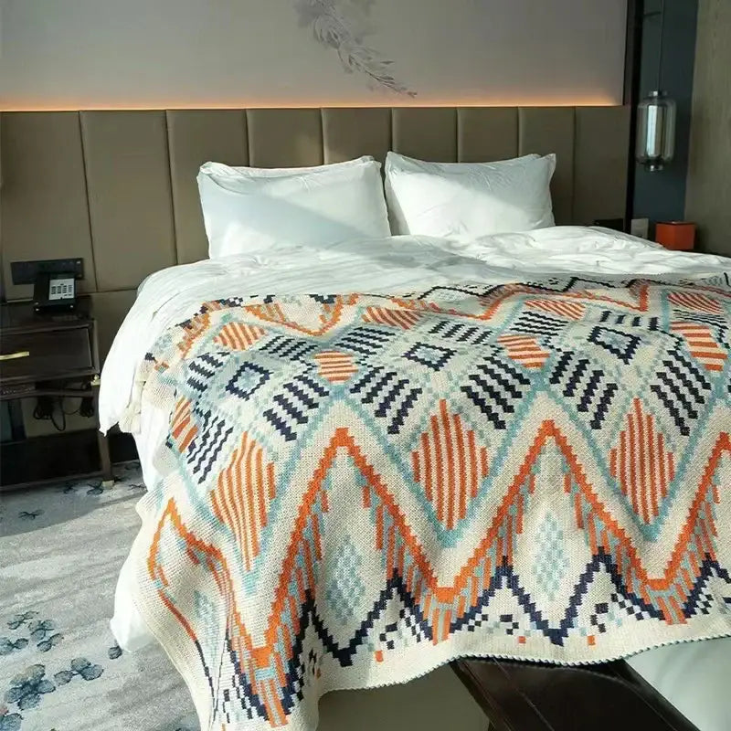 Bohemian striped knit throw blanket beige & brown living room decor